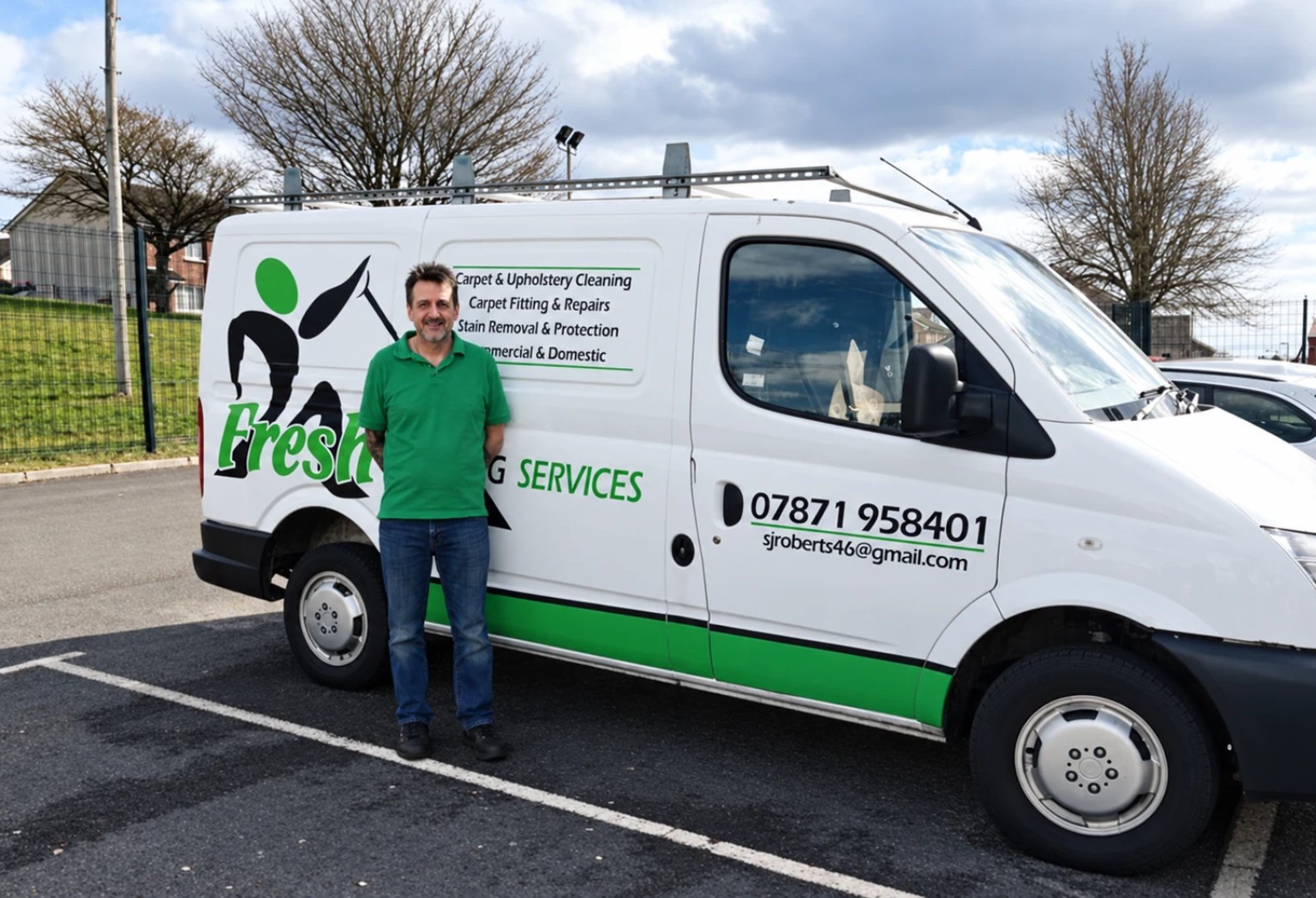 Stevie Roberts standing beside his Fresh Carpet Care van